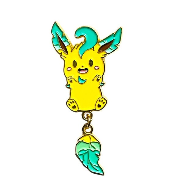 Pokemon Inspired Leafeon Dangling Tail Pin Enamel Pin Lapel Pin Fan Made - Picture 1 of 2